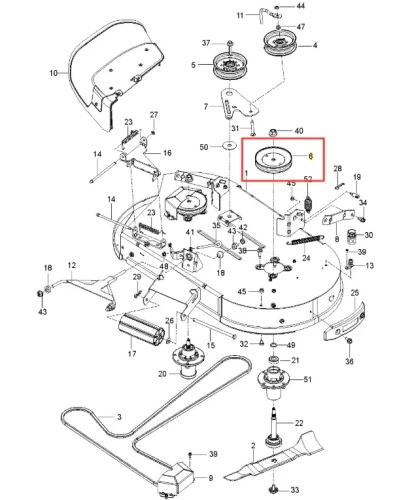 Koło pasowe kosiarki Husqvarna Z242F, metalowe, okrągłe, gładkie z otworami montażowymi, widoczne z przodu. Kluczowy element układu o zerowym promieniu skrętu.