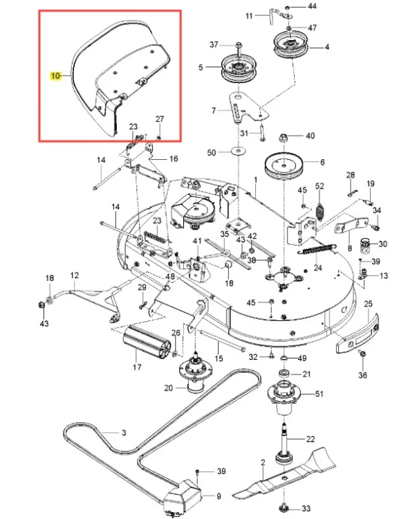 Nowa ciemnoszara osłona wyrzutu do kosiarki Husqvarna Z242F, z logo i otworami montażowymi, widoczna z boku, do kosiarki zerowego promienia skrętu, na białym tle.