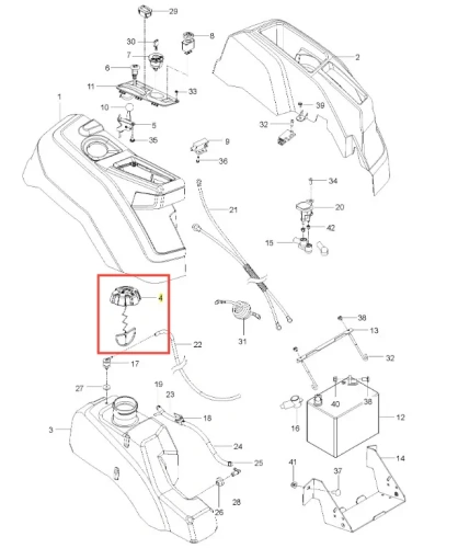 Korek kosiarki o zerowym promieniu skrętu Z242F Husqvarna, okrągły, w kolorze czarnym, z plastikowym mocowaniem. Widoczny mechanizm gwintowy do montażu. Zbliżenie na detal produktu w kontekście schematu montażowego.