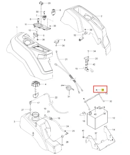 Metalowa nakrętka do kosiarki Z242F Husqvarna, z oznaczeniem nr 36 na schemacie. Widoczna z boku, w detalach ukazujących gwint oraz kształt. Element o standardowych wymiarach, idealny do mocowania części kosiarki. Na białym tle.