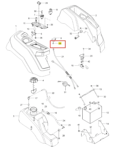 Śruba kosiarki o zerowym promieniu skrętu Z242F Husqvarna, metaliczna, w kolorze stalowym. Widoczna z boku, na białym tle. Zawiera gwint oraz łeb, łatwa do montażu. Element części zamiennej w schemacie komponentów kosiarki, oznaczony numerem 36.