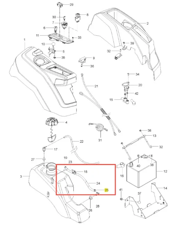 Czarna plastikowa klamra węża kosiarki Husqvarna Z242F z zerowym promieniem skrętu, widoczna z boku. Ma przycisk spoczynkowy, oznaczenia numeryczne i otwory montażowe do łączenia z innymi elementami.