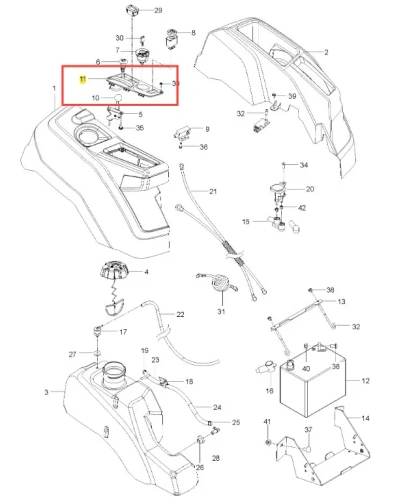 Panel sterowania kosiarki Husqvarna Z242F, widok z boku, czarny z metalicznymi detalami, deska z przyciskami, wskaźnikami, elementy mocujące i przestrzenie na przewody.