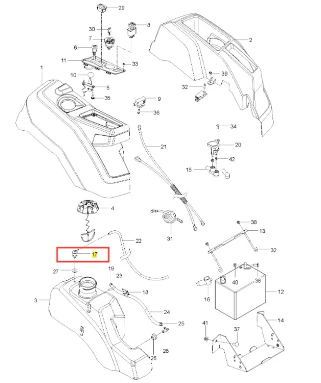 Zawór paliwa do kosiarki Husqvarna Z242F, widoczny z przodu. Wykonany z ciemnego plastiku, z gwintem na spodzie. Oznaczenia zastosowania i numer 17 są wyraźnie widoczne. Element jest w stanie nowym, bez widocznych uszkodzeń.