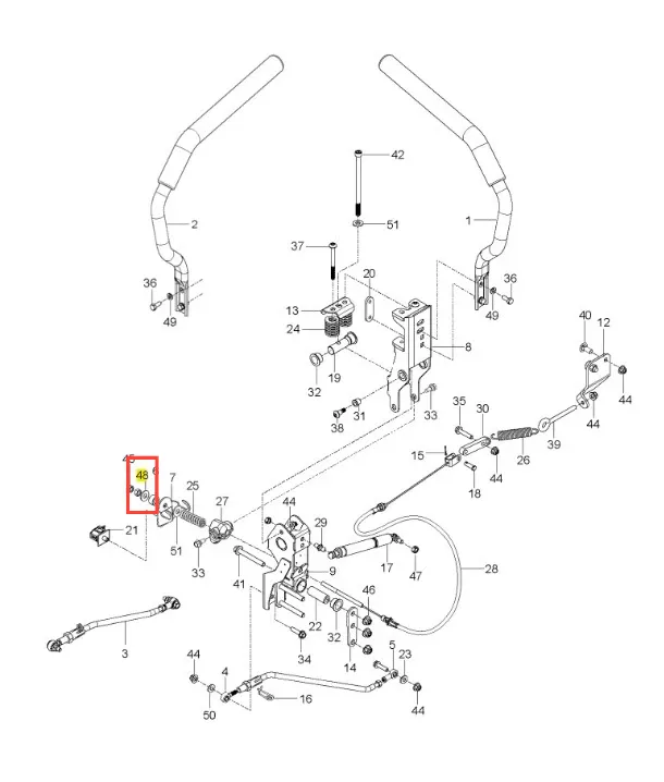 Schemat podkładki kosiarki Z560X Husqvarna, z widocznymi elementami montażowymi i detalami. Na rysunku widać ramę, uchwyty, przewody, a także zaznaczony fragment 48. Frezowane elementy, na tle siatki proszkowej, bez zbędnych detali.