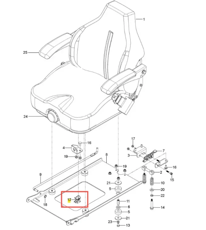 Wyłącznik siedziska 18h107rb kosiarki Z560X Husqvarna, widok frontalny. Metalowy element montowany z widocznymi śrubami, oznaczony na schemacie obok siedziska na białym tle.