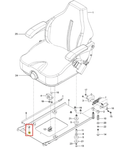 Nakrętka kosiarki Z560X Husqvarna, metalowa, o zaokrąglonym kształcie, w kolorze srebrnym. Widoczna w dolnym fragmencie rysunku technicznego, przedstawionym w formie montażowej z numerem 18. Ujęcie z góry, obraz pokazuje szczegóły mocowania.