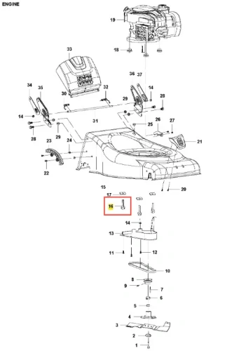 Śruba mocująca kosiarki Husqvarna LC 140S, metalowa, szara, z widocznymi gwintami i główką, oznaczona jako element 16 na schemacie części silnika.