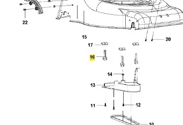Śruba kosiarki LC 140S Husqvarna, metalowa, o cylindrycznym kształcie, widoczna z boku na schemacie, z wyraźnymi oznaczeniami numerów części. Umiejscowiona w kontekście montażu na obudowie kosiarki, z innymi elementami i mocowaniami w tle.