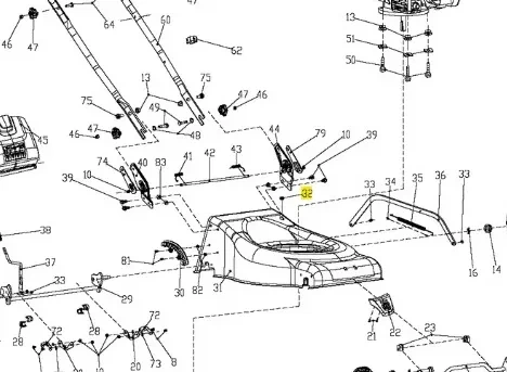 Schemat części kosiarki Husqvarna LC 140 z zaznaczonym koreczkiem. Zawiera elementy metalowe oraz plastikowe, w tym gałęzie, uchwyty i mocowania. Widok z góry, bez tła, umożliwiający dokładne zapoznanie się z konstrukcją i ich rozmieszczeniem.
