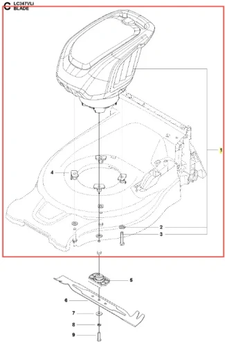Napęd kosiarki LC 347VLi Husqvarna widziany z góry. Ciemnoszara obudowa z ergonomiczną rączką, elementy montażowe i ostrze na dole oraz zamki. Proste tło podkreślające detale produktu.
