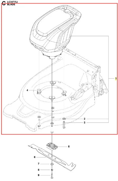 Napęd kosiarki LC 347VLi Husqvarna widziany z góry. Ciemnoszara obudowa z ergonomiczną rączką, elementy montażowe i ostrze na dole oraz zamki. Proste tło podkreślające detale produktu.