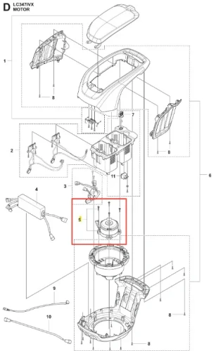 Silnik o mocy 750W do kosiarki LC 347iVX Husqvarna, z detalami montażowymi, widoczny w złożonym układzie części. Szara obudowa z metalowym wirnikiem, umieszczony w centralnej części. Fragment silnika z mocowaniami i przewodami.