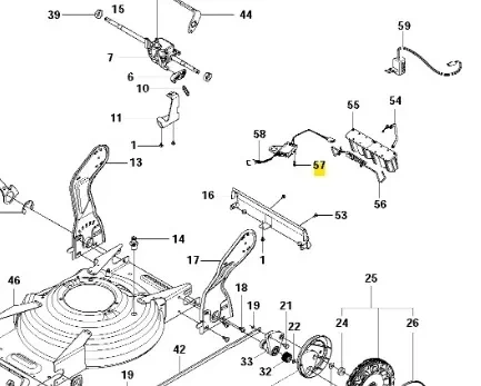Podkładka kosiarki LC 48VE Husqvarna na schemacie, szara, z numerami, leżąca, z widocznymi otworami i szczegółami, zamocowana na podwoziu, bez dodatkowych akcesoriów.