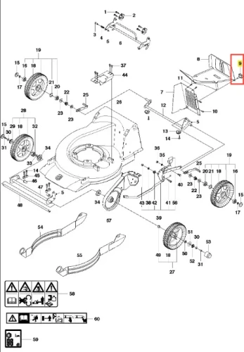 Śruba kosiarki Husqvarna WC 48S, metalowa, o gwincie. Widoczna na schemacie, umiejscowiona w okolicy mocowania. Element ma srebrny kolor i klasyczny kształt. Grafika przedstawia również inne części urządzenia na białym tle.