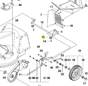 Łożysko kosiarki WC 48S Husqvarna, metalowe, okrągłe, widoczne elementy mocujące, zamontowane w obudowie kosiarki. Przedstawione w perspektywie z boku, na tle części maszyny, bez dodatkowych akcesoriów.