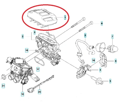 Filtr powietrza Husqvarna 545, 550 XP prostokątny, z profilowanymi brzegami. Widoczne detale wlotu powietrza i otworów wentylacyjnych. Leży na płaskiej powierzchni, w otoczeniu części silnika, na neutralnym tle.