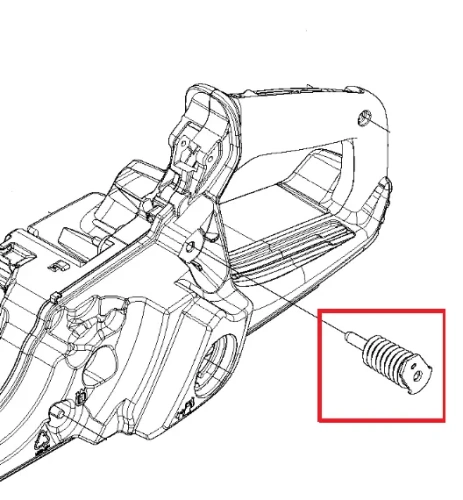 Amortyzator pilarki Husqvarna 565/572XP, w kolorze metalicznym, widoczny z boku, montowany na korpusie. Zawiera wyraźne wypusty, częściowo osłonięty przez obudowę. Element wyraźnie zaznaczony na tle reszty, podkreślający funkcję amortyzującą.