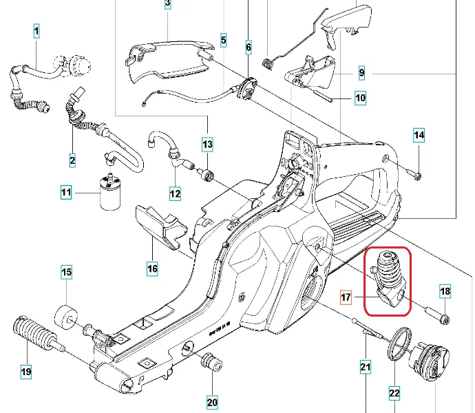 Czarny amortyzator spirala do pilarki Husqvarna 585/592 XP/XPG, z wzmocnionym dołem, redukujący drgania. Kluczowy element systemu zawieszenia, pokazany na schemacie rozłożonych części.