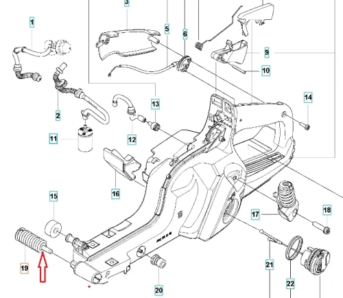 Amortyzator przy zbiorniku paliwa do pilarki Husqvarna 585/592XP/XPG, cylindryczny, sprężysty, czarny z rowkami, poziomo ułożony, z metalowym mocowaniem z jednej strony.