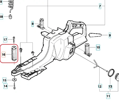 Amortyzator pilarki Husqvarna 395 XP/XPG/394 XP, widoczny z boku, metalowy, cylindryczny kształt, ze spiralnym wzorem. Element umieszczony na tle schematu montażowego, bez dodatkowych akcesoriów. Rozmiar średni, ważny dla funkcji narzędzia.