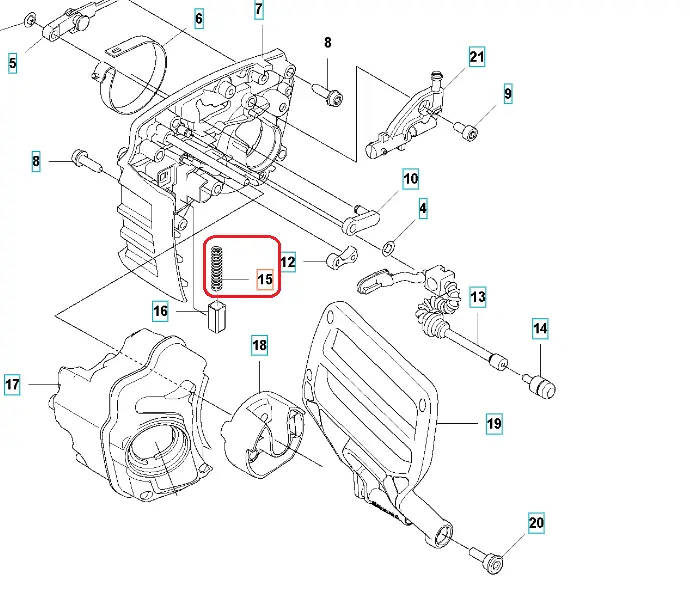 Sprężyna ustalająca do pilarek Husqvarna 450/461/445, stalowa, cylindryczna o średnicy ok. 1 cm, z wyraźnym wzorem spiralnym, zamontowana w korpusie silnika między innymi elementami.