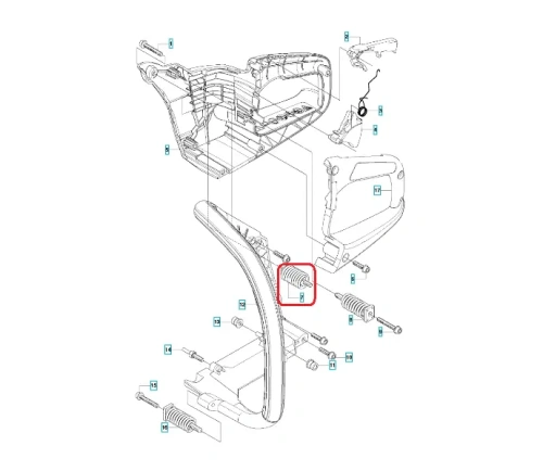 Amortyzator metalowy do pilarek Husqvarna 460/455e/461, cylindryczny z rowkami. Widok z boku, pokazuje mocowanie. Tło białe, dwa mocowania, jedno napięte.