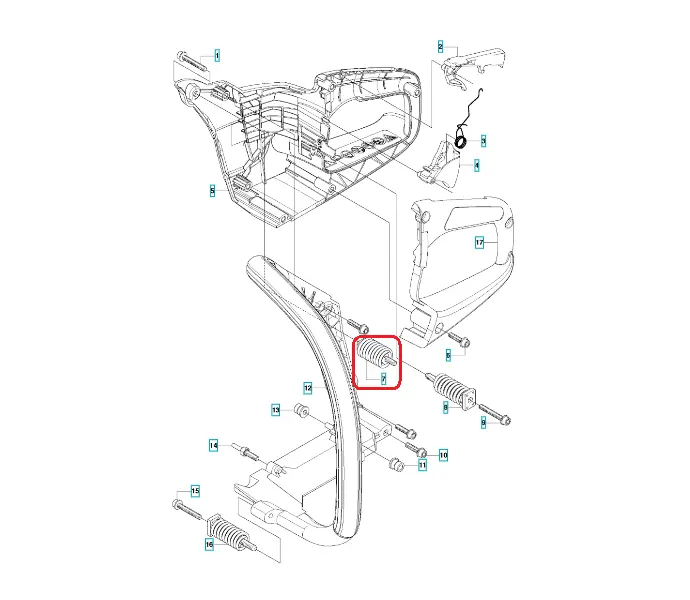 Amortyzator metalowy do pilarek Husqvarna 460/455e/461, cylindryczny z rowkami. Widok z boku, pokazuje mocowanie. Tło białe, dwa mocowania, jedno napięte.