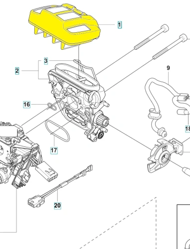 Filtr powietrza pilarki Husqvarna 555/556/560XP w kolorze żółtym, z widocznymi wieloma szczelinami wentylacyjnymi, zamontowany w odbiorniku. W dobrej jakości, otoczenie w prostej aranżacji na jasnym tle. W zestawie elementy montażowe.