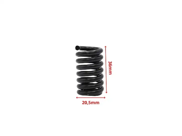Amortyzator pilarki Partner P4616 w formie sprężyny, wykonany z czarnego metalu. Złożony w kształt spiralny, z wymiarami 36 mm wysokości i 20,5 mm średnicy. Widoczny z boku, prezentuje detale w jednolitym tle.
