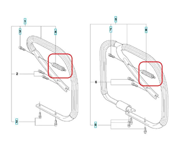 Amortyzator pilarki, ukazany w zbliżeniu, z widocznym gwintem i teksturą. Element ma okrągły kształt i metalową powierzchnię, widoczny w diagramie z oznaczeniami montażowymi. Przykłady montażu w dwóch pozycjach.