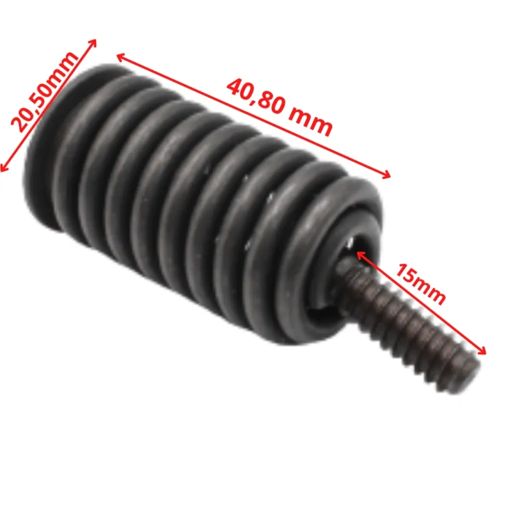 Amortyzator pilarki Husqvarna 545 Mark II/550 Mark II w kolorze czarnym. Cylindryczny kształt z widocznymi spiralnymi rowkami. Długość 40,8 mm, średnica 20,5 mm, gwint długości 15 mm. Produkt leży na jednolitym tle, ukazując detale.