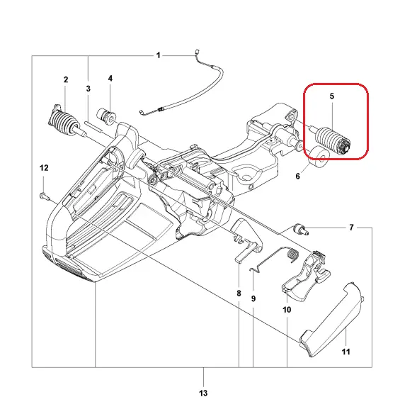 Czarny, cylindryczny amortyzator pilarki Husqvarna 545/550 Mark II, metalowy z gwintami, widoczny z boku na ramie, na tle schematu części pilarki na białym tle.