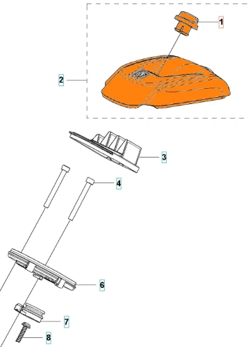 Pomarańczowa osłona filtra powietrza do pilarki Husqvarna 439, widok z góry. Zawiera główną osłonę i przycisk, z widocznymi zamocowaniami i wcięciami dla łatwego montażu. Tło białe.