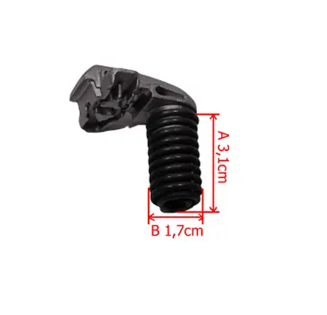 Amortyzator do pilarki Husqvarna 545 Mark II w kolorze czarnym. Element metalowy z gwintem, długość 3,1 cm, średnica 1,7 cm. Zbliżenie pokazujące szczegóły konstrukcji i kształtu, zamontowany w pozycji poziomej.