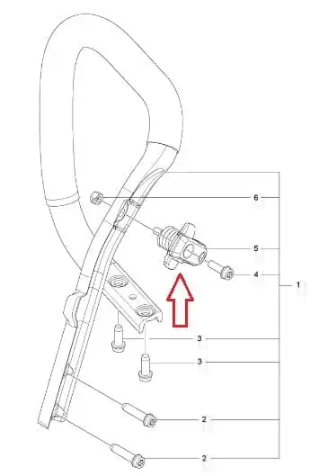 Amortyzator przy uchwycie pilarki Husqvarna 545 Mark II, metalowy, z wyraźnym pokrętłem regulacyjnym, montowany na uchwycie pilarki. Widoczny składany schemat, pokazujący elementy mocujące oraz ułożenie detali. Ukazany z boku na prostym tle.