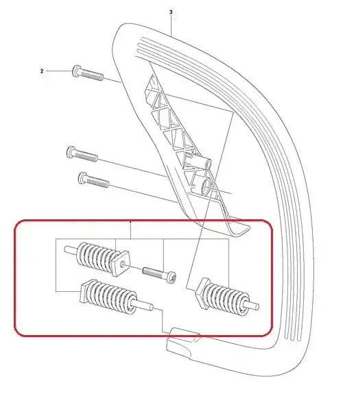 Zestaw amortyzatorów do pilarki Husqvarna 130/135 Mark II. Na zdjęciu widoczna jest rękojeść z tworzywa sztucznego oraz dwa amortyzatory z metalowym mocowaniem, umieszczone w czerwonym prostokącie. Całość na jasnym tle, w układzie frontalnym.
