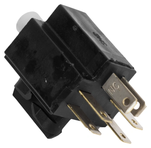 Wyłącznik hamulca kosiarki o zerowym promieniu skrętu PZ 29 Husqvarna, czarny, z metalowymi stykami. Ujęcie z góry, widoczna konstrukcja oraz oznaczenia. Produkt leżący na jednolitym tle, z zamontowanymi metalowymi końcówkami.