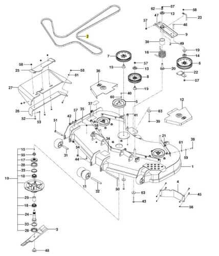 Pasek klinowy kosiarki PZ 29D Husqvarna w kształcie litery V, czarny, gumowy, elastyczny. Widoczny z przodu u góry zdjęcia, zbliżenie na detal. Elementy montażowe są w tle.