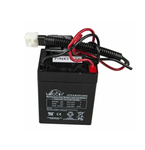 Akumulator kwasowo-ołowiowy Leoch LP12-2.3-91 (12V, 3.0Ah), czarny, prostokątny, z czerwonym i czarnym przewodem, z czytelnym napisem Leoch i danymi technicznymi, widok z przodu na płaskiej powierzchni.