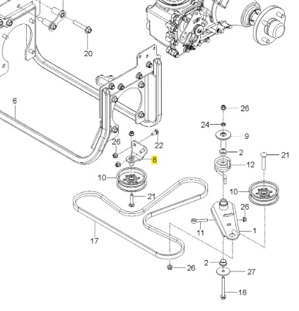 Stały uchwyt napinacza kosiarki Z560X Husqvarna, metalowy, znajdujący się na schemacie. Widoczny w układzie z boku, z elementami mocującymi i detalami technicznymi. W tle otoczenie robocze, bez dodatkowych ozdób. Wymiary i tekstura nieczytelne.