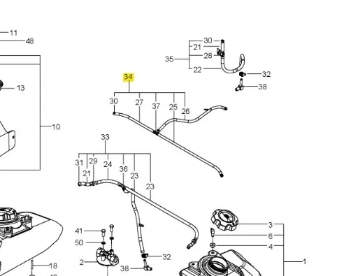 Wężyk paliwa kosiarki Husqvarna PZ 29, zagięty w kształcie litery S, wykonany z wytrzymałego tworzywa, w kolorze czarnym. Widoczny numer części 34. Produkt umieszczony na schemacie ilustracyjnym, bez dodatkowych elementów otoczenia.