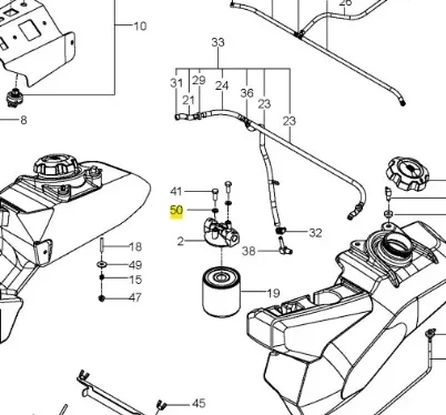 Schemat podkładki kosiarki PZ 29 Husqvarna o zerowym promieniu skrętu, widok z góry. Widoczne zbiornik paliwa, mocowania i przewody, z numerami części. Proste, białe tło.