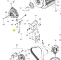 Cięgno kosiarki o zerowym promieniu skrętu PZ 29 Husqvarna. Część metalowa w kształcie prostokąta, z otworami na mocowania. Widoczne detale konstrukcyjne i numery katalogowe. Produkt leżący na płaskiej powierzchni, przedstawiony z boku.