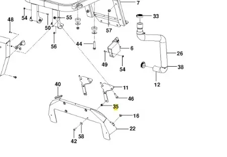Metalowa nakrętka kosiarki PZ 29D Husqvarna, sześciokątna, oznaczona żółtym numerem 35, widoczna na tle schematu części i otoczona innymi elementami sprzętu.