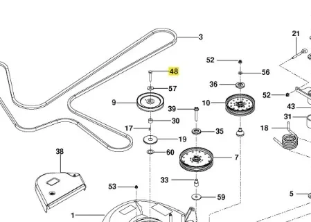 Śruba kosiarki o zerowym promieniu skrętu PZ 29D Husqvarna. Część w kolorze srebrnym, z gwintem i główką, widoczna w detalach na schemacie. Ujęcie w planie równoległym, z numerem oznaczającym położenie w zestawie naprawczym.