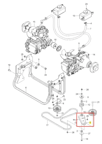 Ramię napinające kosiarki Husqvarna Z560X, widoczne z boku, metalowe, szare, prostokątne z otworami montażowymi, służy do regulacji napięcia pasa, bez dodatkowych zdobień.