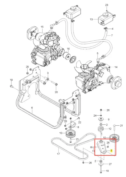 Ramię napinające kosiarki Husqvarna Z560X, widoczne z boku, metalowe, szare, prostokątne z otworami montażowymi, służy do regulacji napięcia pasa, bez dodatkowych zdobień.