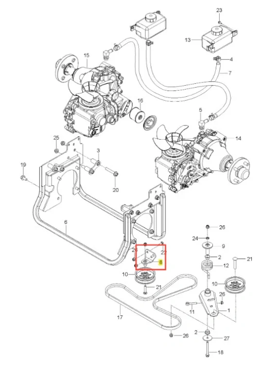 Metalowy srebrny uchwyt napinacza kosiarki Husqvarna Z560X, widoczny z boku, z oznaczeniami montażowymi i otworami na wkręty, na białym tle.