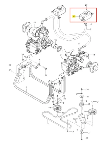 Rysunek techniczny zbiornika paliwa kosiarki Z560X Husqvarna, zaznaczony czerwonym prostokątem, z otworem na górze i złączem do przewodu paliwowego, widok z boku w układzie z innymi częściami.